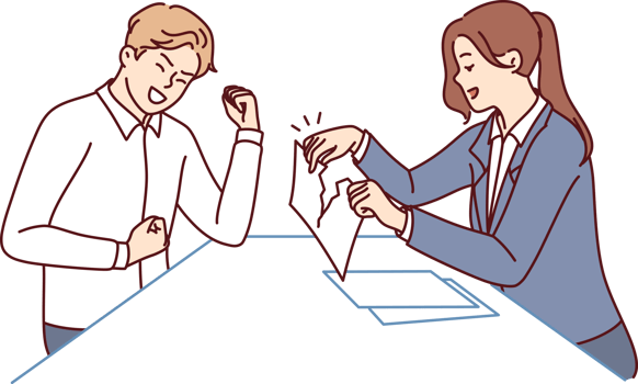 Man rejoices at completion contract, sitting near business woman tearing up agreement document png