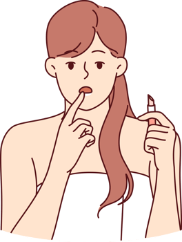 Woman with lipstick in hand, looks at screen instead of mirror and needs healing lip balm png