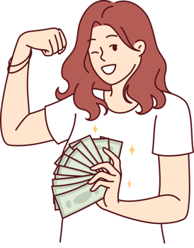 Rich woman with cash money in hands shows biceps and winks, offering to earn well png