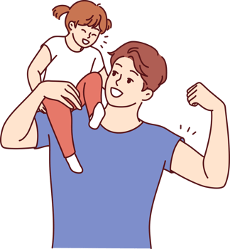 Strong father holds daughter on shoulder and shows biceps to instill in child confidence in security png