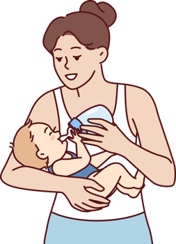 Young mother feeds infant from bottle using artificial baby food due to disease hypogalactia png