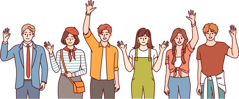 People greet and wave, inviting you to join multicultural community of college students png