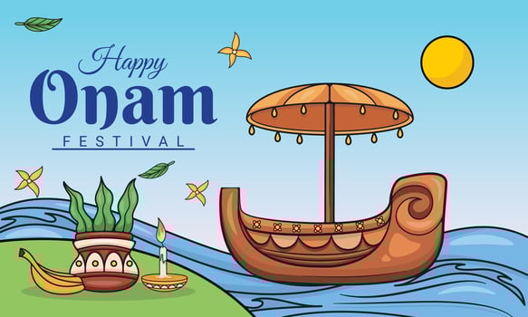 boat illustration banner on the river to celebrate onam day. vector