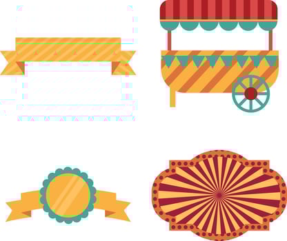 Vintage Carnival Circus In Flat Cartoon Design. Isolated Vector Set.