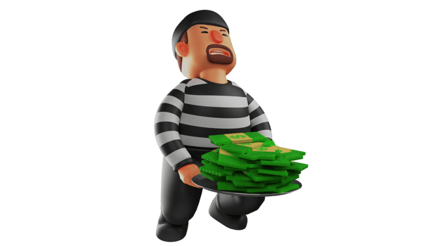 3D illustration. Great Thief 3D Cartoon Character. A thief managed to get a lot of money. Thief carried away piles of money resulting from his actions which harmed many people. 3D cartoon character png