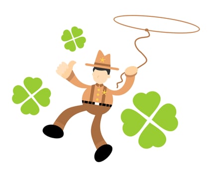 A cartoon cowboy with a rope and four clover leaves vector