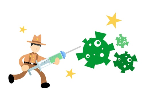 A cartoon man with a syringe and a gun vector