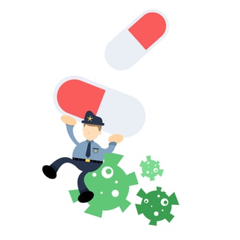 A cartoon policeman is carrying a pill vector