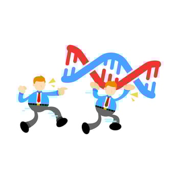 Two businessmen are running away from a dna structure vector