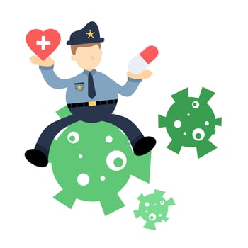 A police officer is sitting on a heart and holding a pill vector