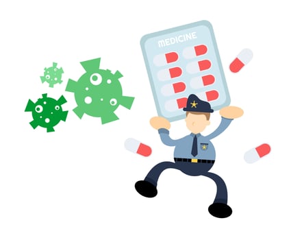 A cartoon policeman holding up a tablet with pills vector