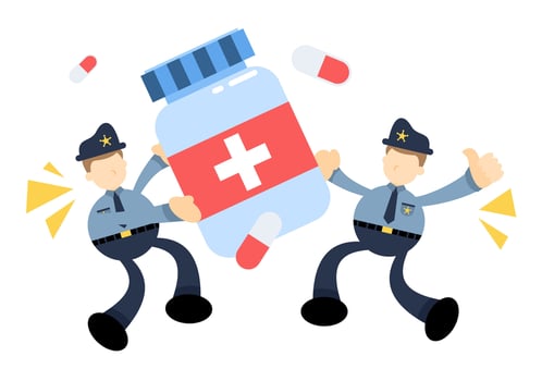 Two police officers are holding a pill bottle vector