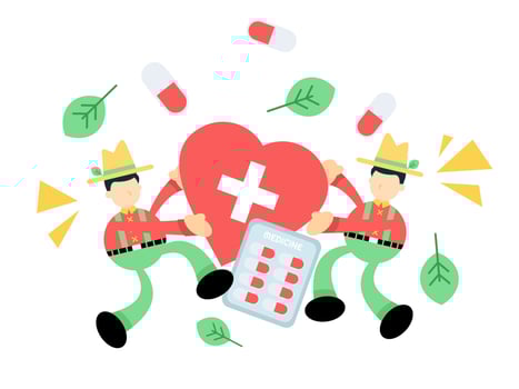 Two people holding a heart with pills and pills vector