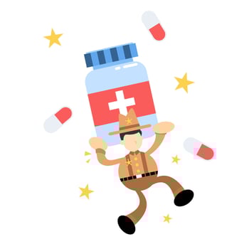 A cartoon man carrying a bottle of pills vector
