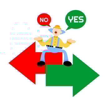 A cartoon man sitting on a green arrow with a sign that says no and yes vector