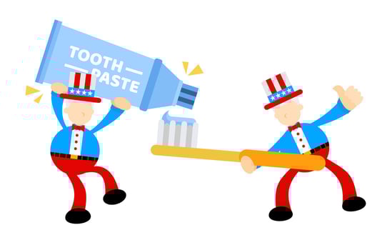 Two cartoon characters holding toothpaste and toothbrush vector