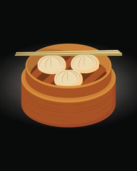 Dim sum menu set Asian food vector illustration. Dim sum, traditional Chinese dumplings, in a bamboo steamer basket.