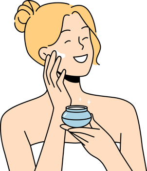 Woman applies anti-aging cream to face to stay beautiful, standing in bath towel after shower. png