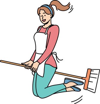 Happy woman flies on mop and smiles, for concept of joy from doing housework and cleaning apartment png