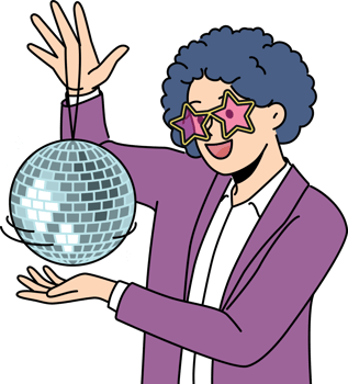 Funny man with disco ball with curly wig on head came to nightclub or dance floor to have fun png