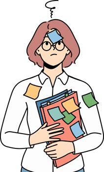 Confused woman student with stickers on face and shirt needs ability to do task management png