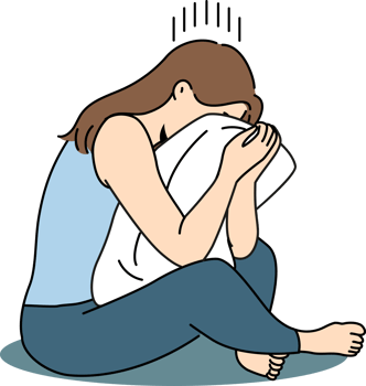 Crying woman sits hugging pillow and suffers because of breaking up with boyfriend png