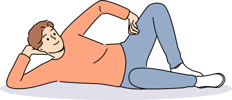 Man lies on floor with hand under head and with smile looks at screen, offering to relax and unwind png
