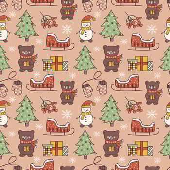 Seamless pattern. Bear and Christmas tree, snowman, sleigh. Vector