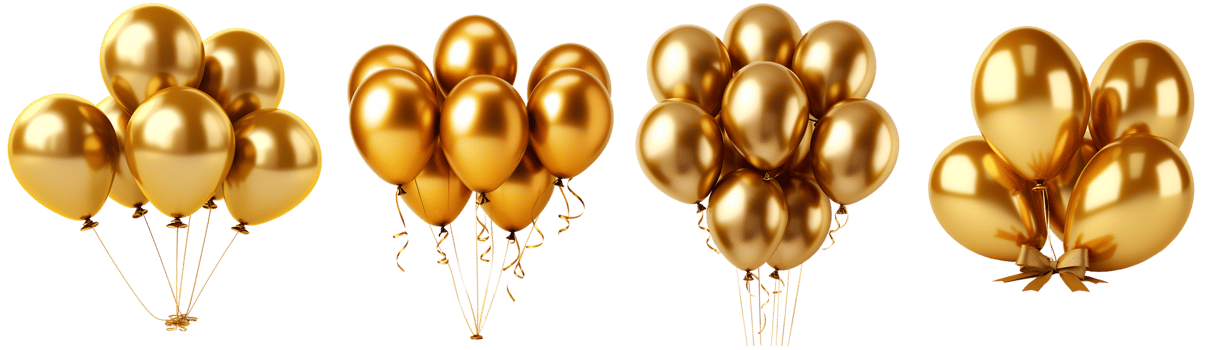 Set of gold air balloons. Metallic gold air balloons isolated on transparent background. for anniversary, birthday, wedding, party. Generative AI png
