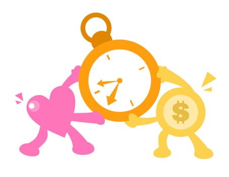Two cartoon characters holding a clock vector
