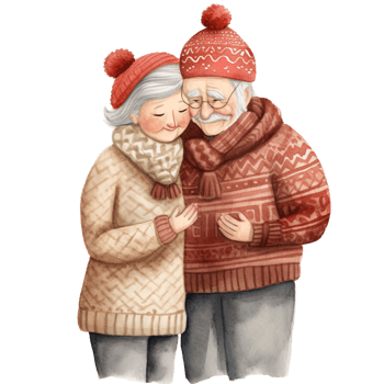 AI generated Cozy Christmas Senior Couple Hugging Watercolor Illustration in Earth Tone Colors, Generative Ai png