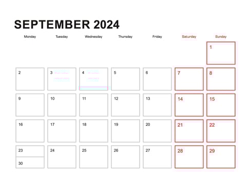 Wall planner for September 2024 in English language, week starts in Monday. vector