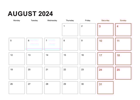 Wall planner for August 2024 in English language, week starts in Monday. vector