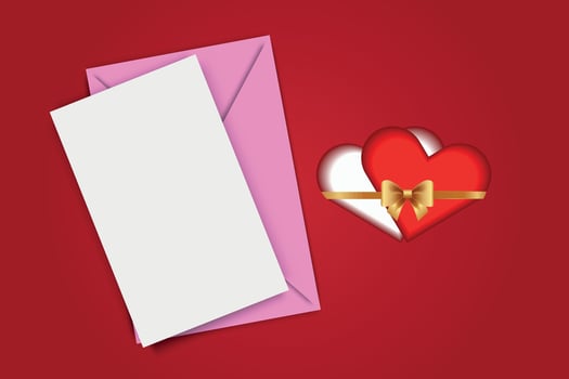 Love letter template for Valentines Day, with pink envelope and hearts on a red background. Vector illustration.