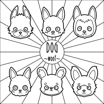 Dog faces cartoon, flat black and white background, bold and thin borders, cute animal icons, vector illustration.