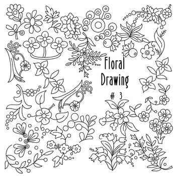 Doodle floral design, beautiful flowers and leaves with black outlines, flat design with hand drawn, vector illustration.