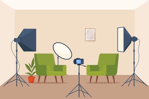 Photo studio with white soft box light, camera, spotlight and armchair. Professional equipment for photo and video shooting. Vector illustration.