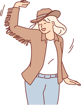 Dancing cawgirl in hat and rider clothes from wild west to have fun at parties in western style png