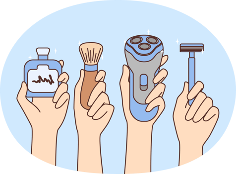 Hands holding different tools for shaving png
