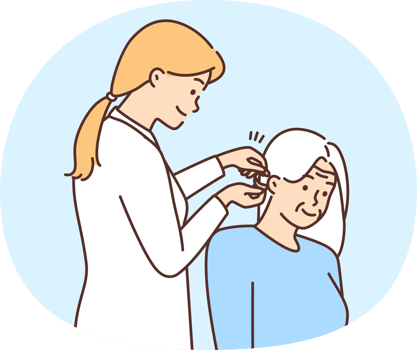 Female doctor install hearing aid to old patient png