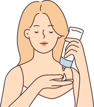 Woman uses facial moisturizer cream and holds tube, squeezing anti-aging lotion into palm png