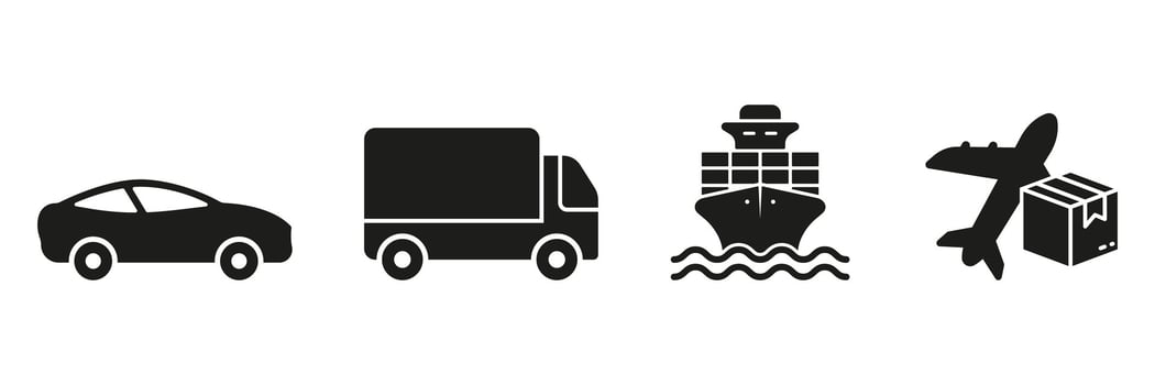 Transport For Delivery Service Silhouette Icon Set. Car, Truck, Ship, Plane Symbol Collection. Cargo Shipment And Transportation Pictogram. Shipping Vehicle Solid Sign. Isolated Vector Illustration.
