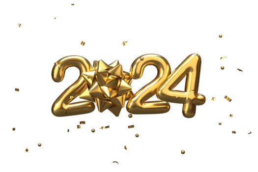 Modern Style gold 2024 3D render balloon text with ribbon ball png