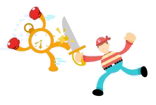 A cartoon pirate is trying to break a clock vector