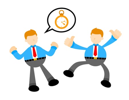Two cartoon businessmen are jumping and talking about time vector