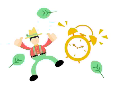 A man in a hat is jumping around with an alarm clock vector