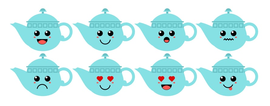 Set of cute cartoon colorful tea pot with different emotions. Funny emotions character collection for kids. Fantasy characters. Vector illustrations, cartoon flat style.