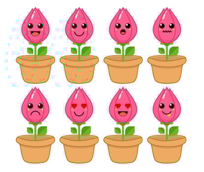 Set of cute cartoon colorful pink tulips flower with different emotions. Funny emotions character collection for kids. Fantasy characters. Vector illustrations, cartoon flat style