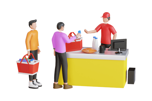 3d illustration of people standing in queue at store checkout counter. People in grocery store waiting to pay at cashier. Shopping Queue in Grocery market 3d Illustration png