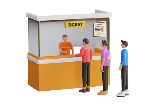 3d illustration of people stand in line to buy a ticket at counter. People buy ticket 3d illustration png